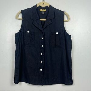 Objects Gold black 100% silk sleeveless button front shirt, size large.